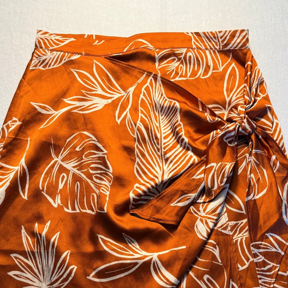 Forever 21 Rust Orange Small Skirt Tropical Leaf Print Faux Wrap Midi Side Tie - Picture 11 of 14